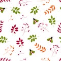 Flat vector. . Seamless pattern: leaves, berries and insects on a white background